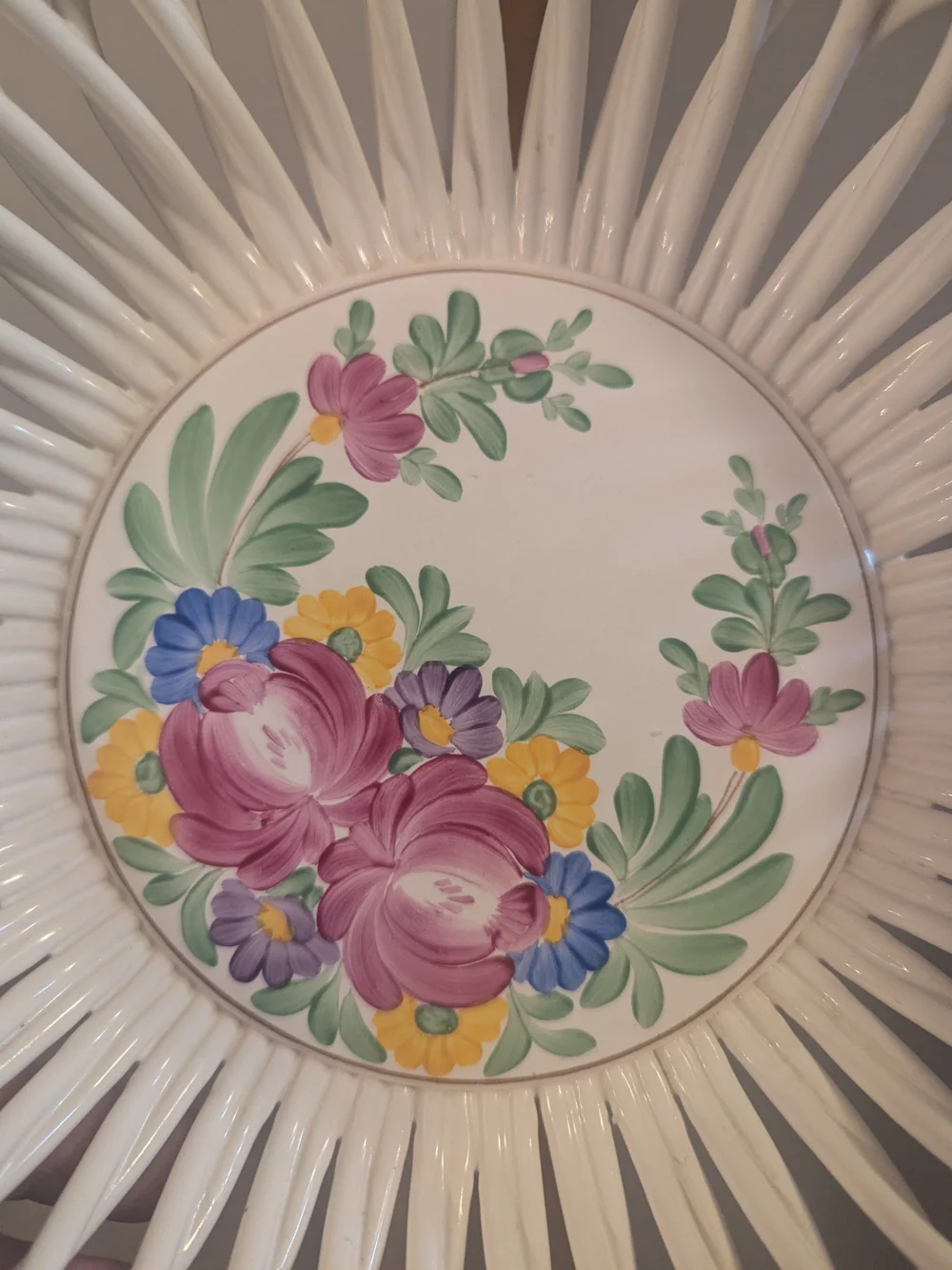 Hand Painted White Ceramic/Porcelain Rope Basket Floral Pattern Glossy 9 in